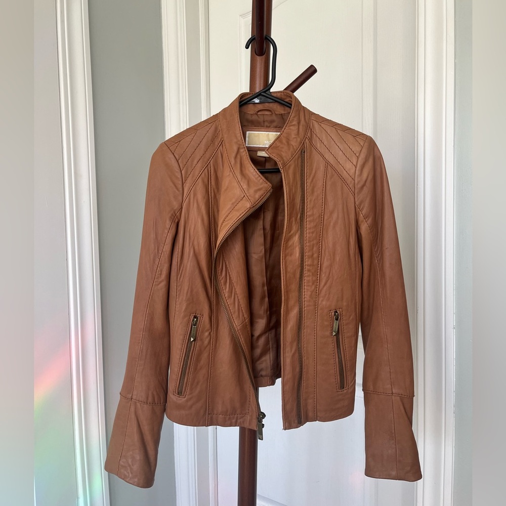 Michael Kors Brown Leather Moto Jacket with Quilted Shoulders